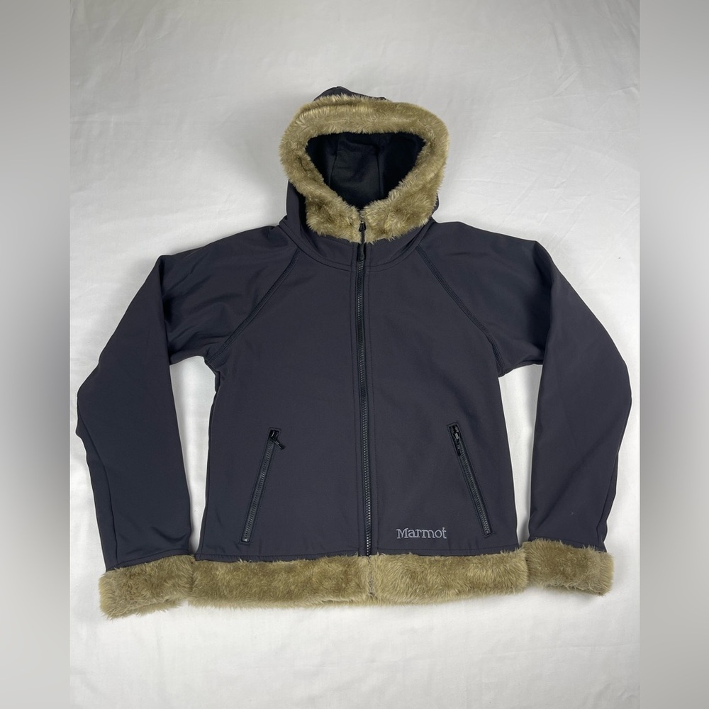 Marmot Black Fleece Softshell Hooded Jacket Full Zip Faux Fur Trim Women’s Small
